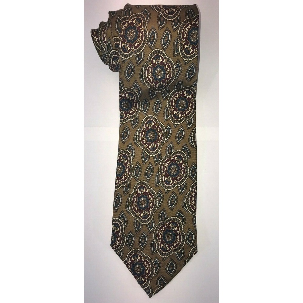 NOS Club Fellow Gold with Maroon Green White Floral Pattern Silk Neck Tie - 58"‎